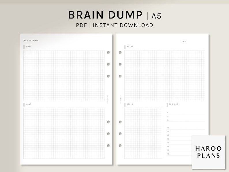 May include: A printable A5 brain dump planner with a gridded layout. The planner is divided into four sections: Must, Want, Maybe, and Other. It also includes a to-do list section. The planner is designed for use with a disc-bound planner system.