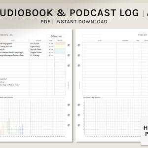 Audiobook and Podcast Log | A5 Printable Planner Inserts | Audible books Tracker Template | Monthly audiobooks List PDF | Digital Download