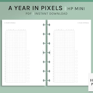May include: A printable PDF planner for a year in pixels, designed for use with a Happy Planner Mini. The planner has two pages, each with a grid of 31 squares, labeled with the months of the year. The planner is designed for use with a Happy Planner Mini.