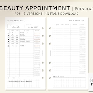 May include: A printable beauty appointment planner with two pages. The left page has a section for salon name, contact information, date, time, service, and rating. The right page has sections for date, time, salon, service, and rating. Both pages have a grid pattern and a section for notes.