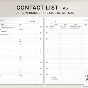 Contact List Sheet A5 Printable Planner Inserts Simple Phone Number Email List Template PDF Address Book Worksheet Digital Download image 1