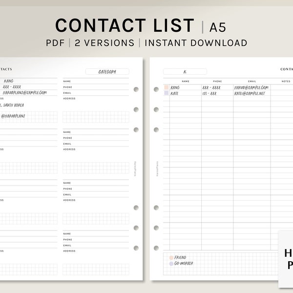 Lijstblad voor contactpersonen | A5 Afdrukbare Planner Inserts | Eenvoudig telefoonnummer E-maillijst Sjabloon PDF | Adresboek Werkblad | Digitale download