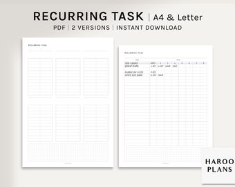 Recurring Task Log | A4, US Letter Printable Planner Inserts | Chores Tracker Template | When Did I Last | Bullet Journal | Digital Download