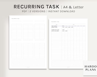| du journal des tâches récurrentes A4, US Letter Imprimable Planner Inserts | | de modèle De suivi des tâches ménagères Quand ai-je eu | pour la dernière fois bullet journal | Téléchargement numérique