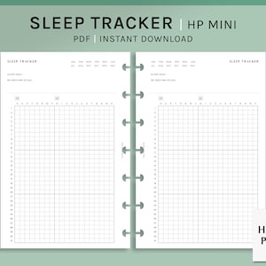 Könnte beinhalten: Ein druckbarer Schlaf-Tracker für einen Happy Planner Mini. Der Tracker verfügt über ein Raster zum Aufzeichnen der Schlafzeiten und einen Bereich zum Notieren von Schlafenszeitritualen. Der Text "SLEEP TRACKER | HP MINI" und "PDF | INSTANT DOWNLOAD" befindet sich oben auf der Seite.
