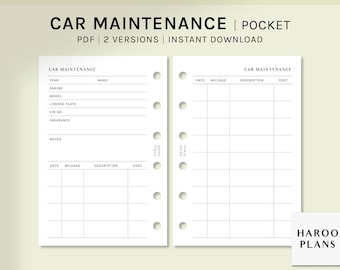 May include: Two-page printable car maintenance log. The left page includes sections for year, make, engine, model, license plate, VIN, insurance, and notes. The right page has a table for date, mileage, description, and cost. The text "CAR MAINTENANCE" is at the top.