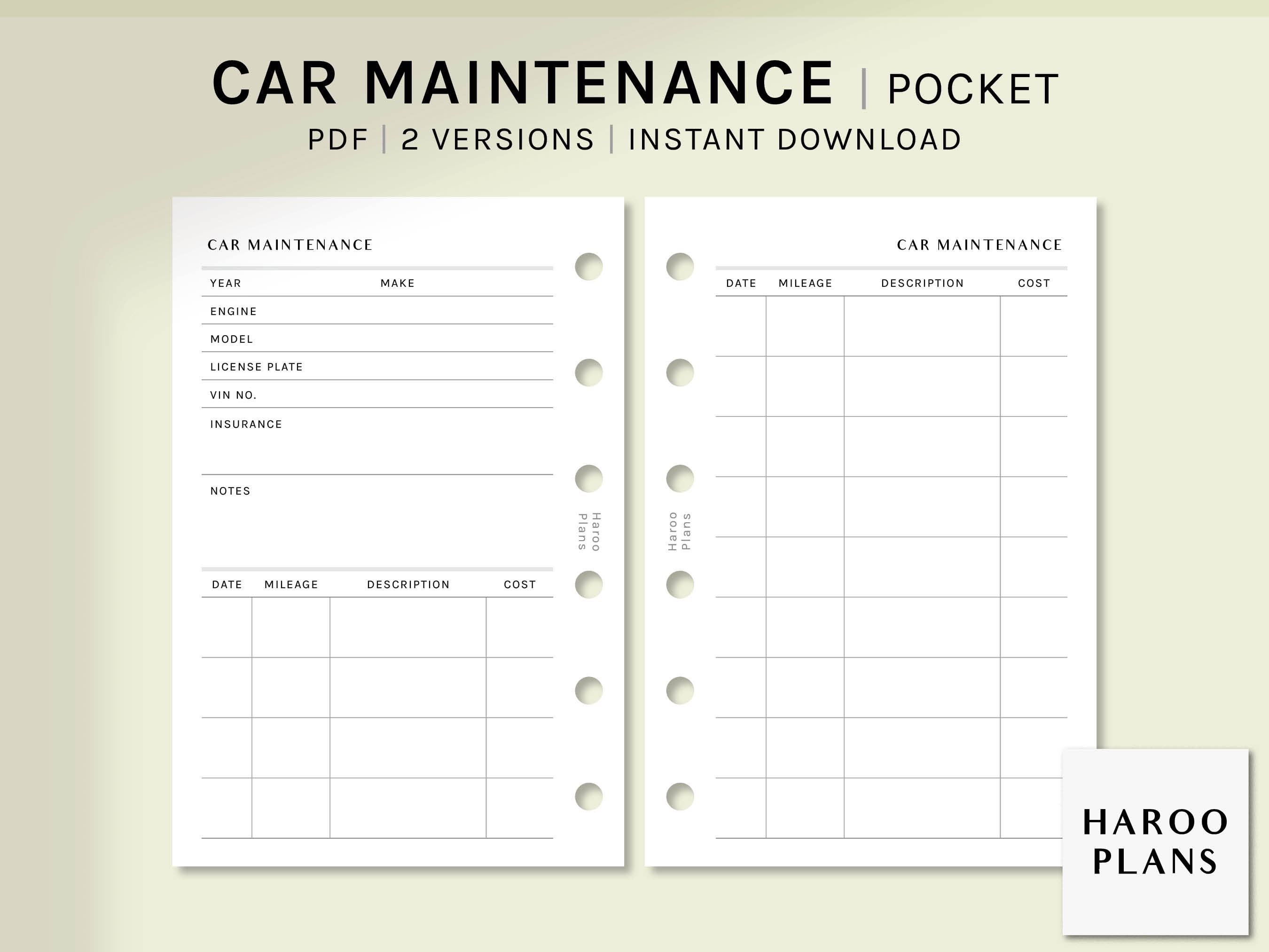 Car Maintenance | Pocket Size Printable Planner Inserts | Simple Auto ...