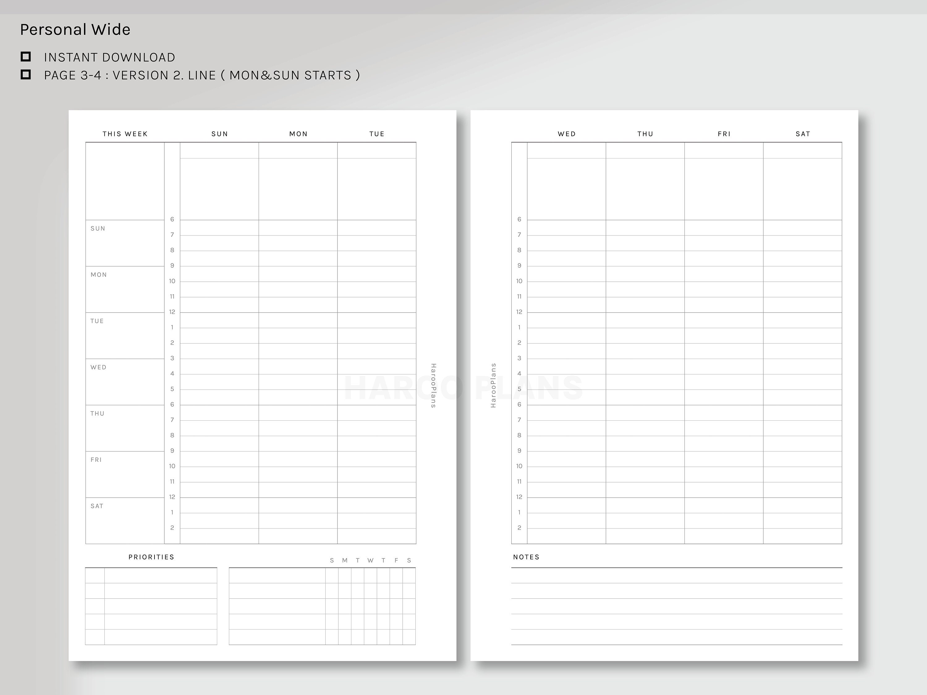WO2P Schedule | Personal Wide Printable Planner Inserts | Weekly Time ...