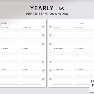 年間プランナー | A6 サイズの印刷可能な挿入物 | 日付なしの年間概要 YO2P レイアウト | 年間目標オーガナイザー テンプレート PDF | デジタル ダウンロード