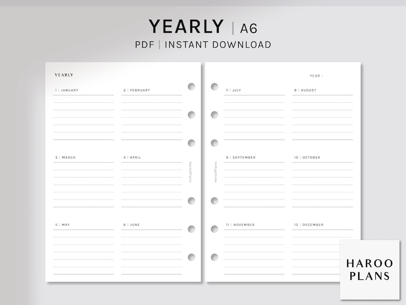 Yearly Planner | A6 Size Printable Inserts | Undated Yearly Overview ...