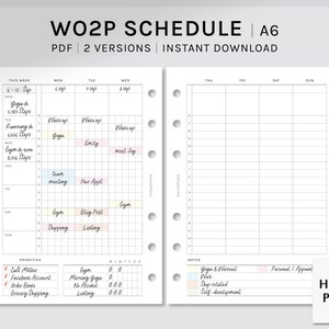 WO2P Schedule | A6 Rings Printable Planner Inserts | Simple Weekly Organizer Template | Schedule Planning Sheet PDF | Digital Download
