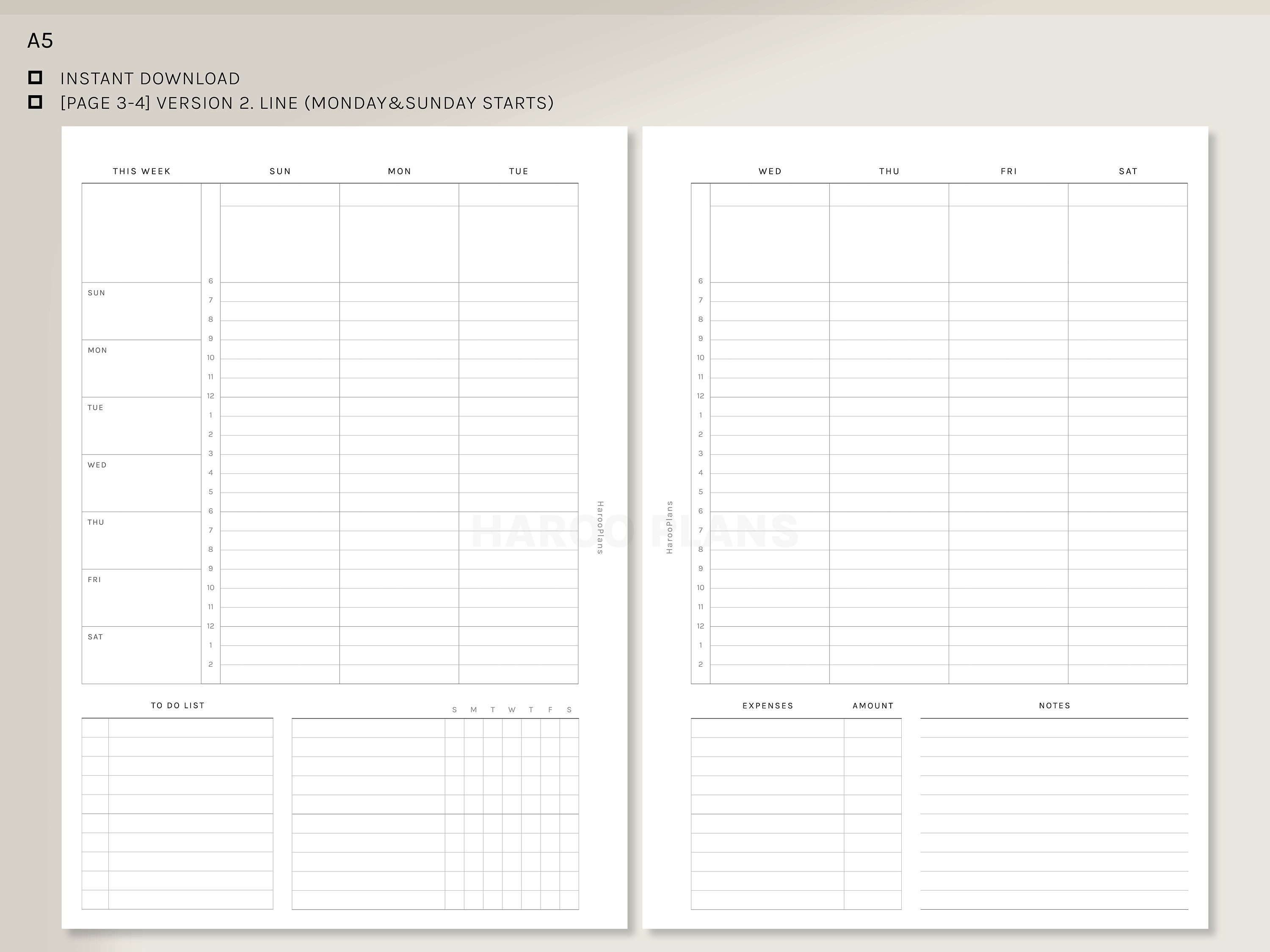 WO2P Schedule | A5 Printable Planner Inserts | Weekly Organizer ...