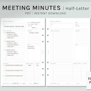 Actas de reuniones / Plantillas imprimibles de media carta para agenda de proyectos de trabajo / Notas de reuniones para empresas en formato PDF / Descarga digital