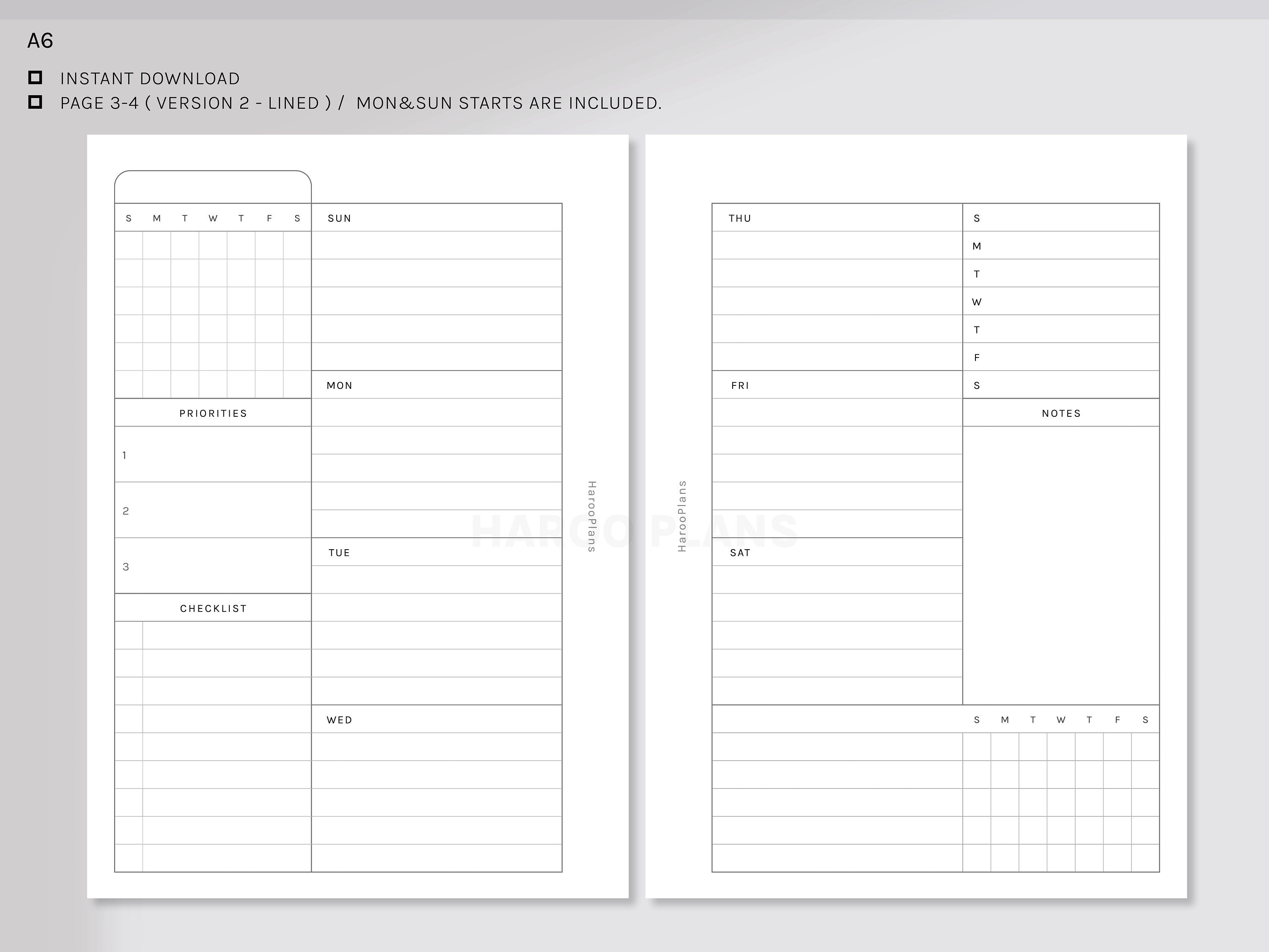 Undated Weekly | A6 Printable Planner Inserts | WO2P Schedule Template ...