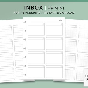 Puede incluir: Tres páginas imprimibles de páginas de planificador de bandeja de entrada para un Happy Planner mini. Las páginas son rayadas, en blanco y cuadriculadas.