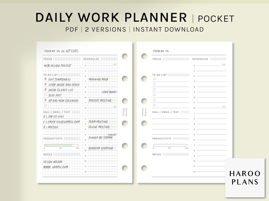 Daily Work Planner Pocket Size Printable Inserts Productivity Organizer