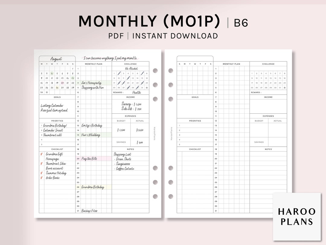 Monthly | B6 Rings Printable Planner Inserts | Month at a Glance ...