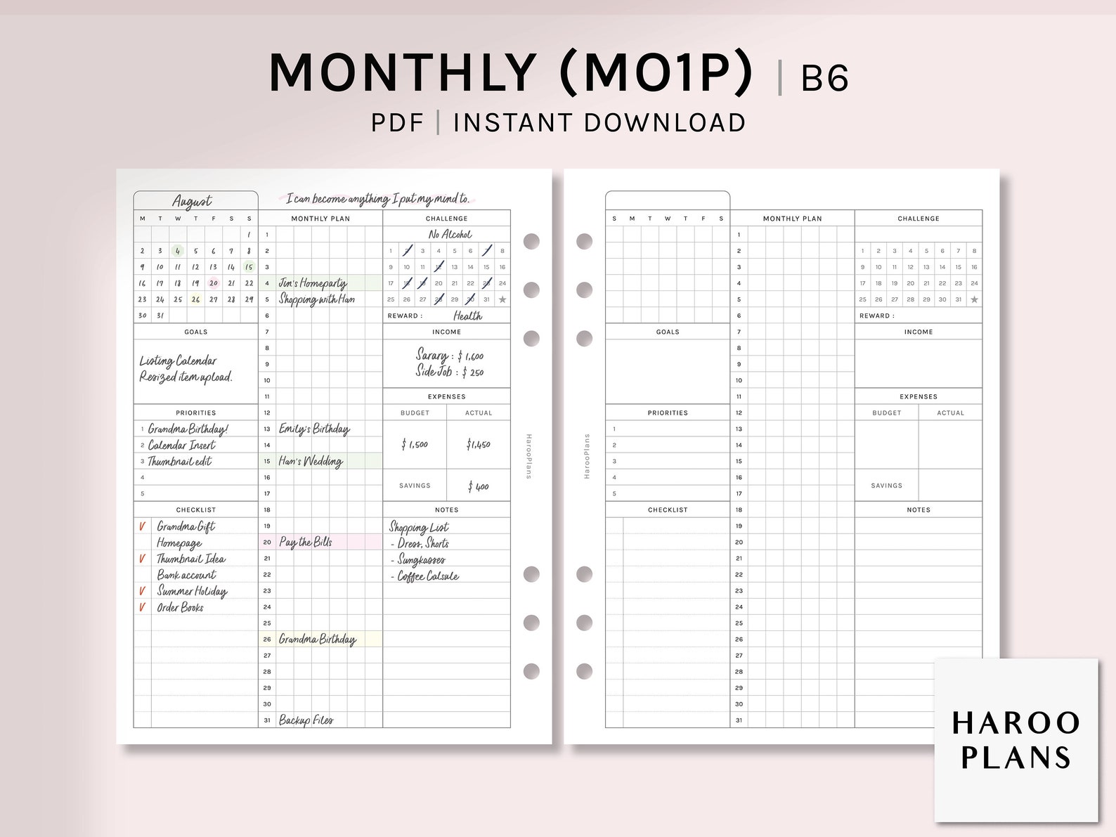 Monthly B6 Rings Printable Planner Inserts Month at a - Etsy