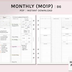 Monthly | B6 Rings Printable Planner Inserts | Month at a Glance ...