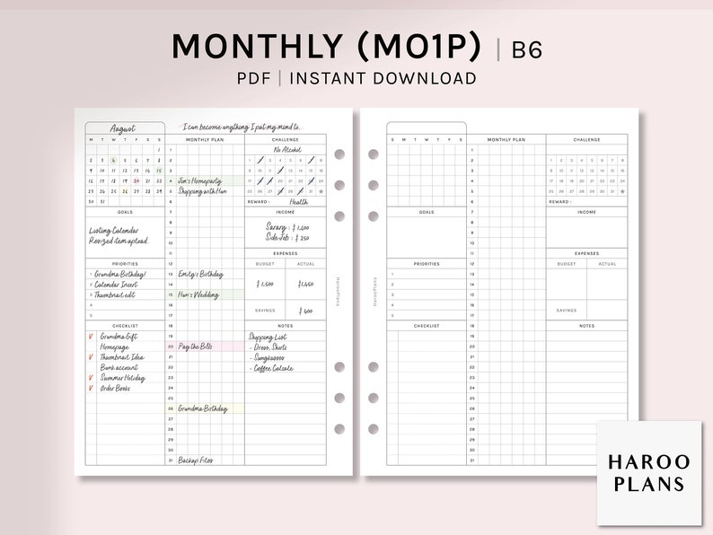 Monthly B6 Rings Printable Planner Inserts Month at a - Etsy