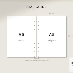 Puede incluir: Una gu&iacute;a de tama&ntilde;o para papel A5, que muestra las dimensiones del papel y el margen para el perforado. La gu&iacute;a muestra el papel en dos partes, etiquetadas como "Izquierda" y "Derecha". Las dimensiones son de 148 mm por 210 mm, con un margen de 12,7 mm para el perforado.