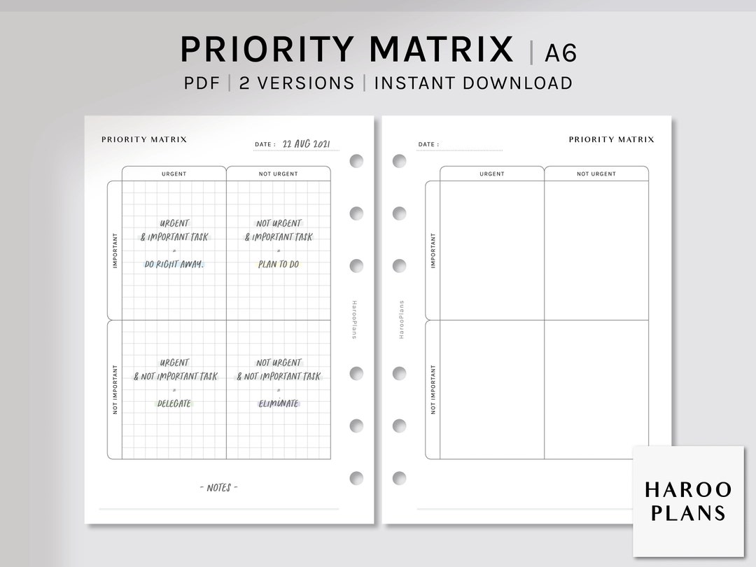 Priority Matrix | A6 Printable Planner Inserts | Urgent Important ...