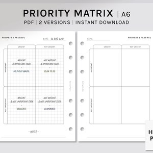 Priority Matrix | A6 Printable Planner Inserts | Urgent Important ...