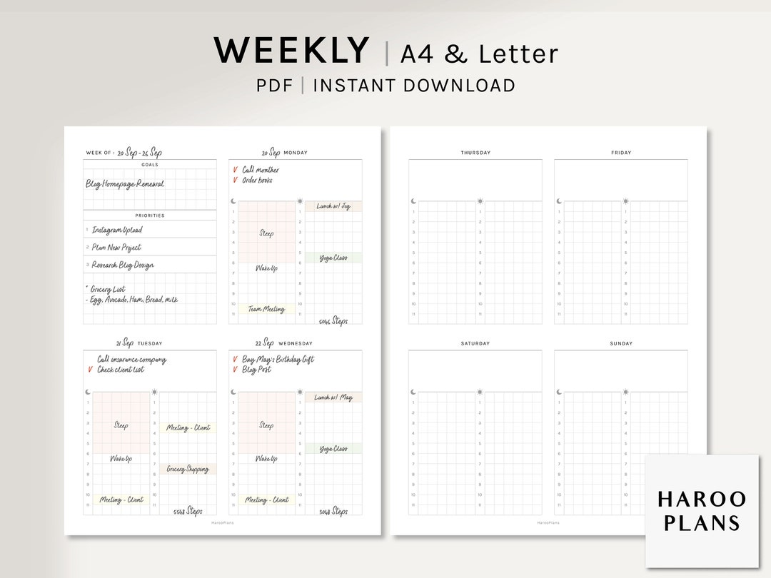 Weekly Planner | A4, US Letter Printable Inserts | WO2P Time Blocking ...