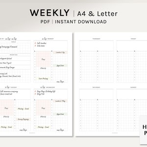 Planificador semanal / A4, INserciones imprimibles de cartas de EE. UU. / Plantilla de bloqueo de tiempo WO2P / Organizador de horarios de semana / Horario PDF / Descarga digital