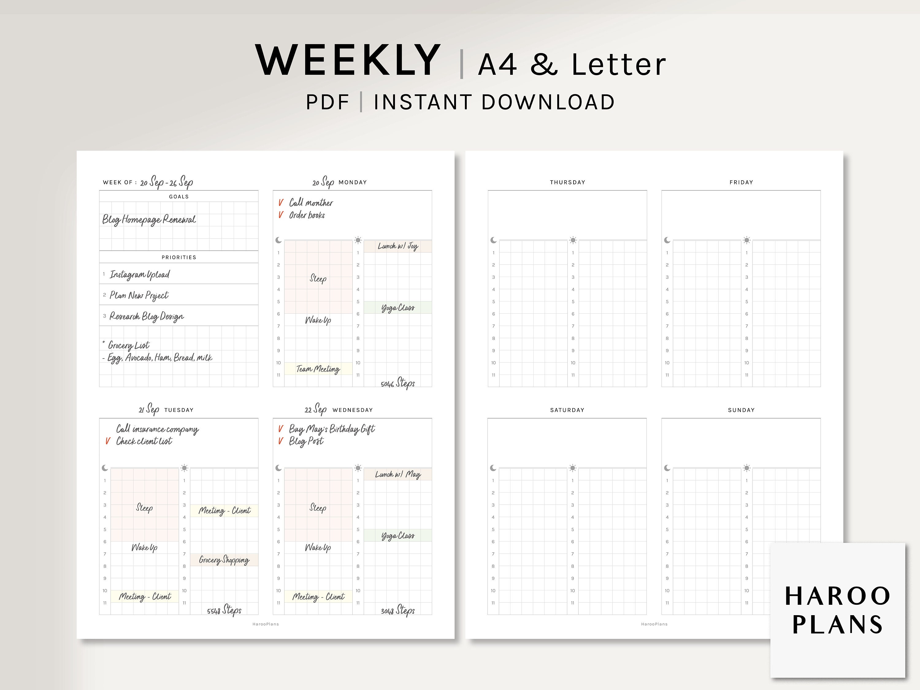 Weekly Planner A4 US Letter Printable Inserts WO2P Time - Etsy UK