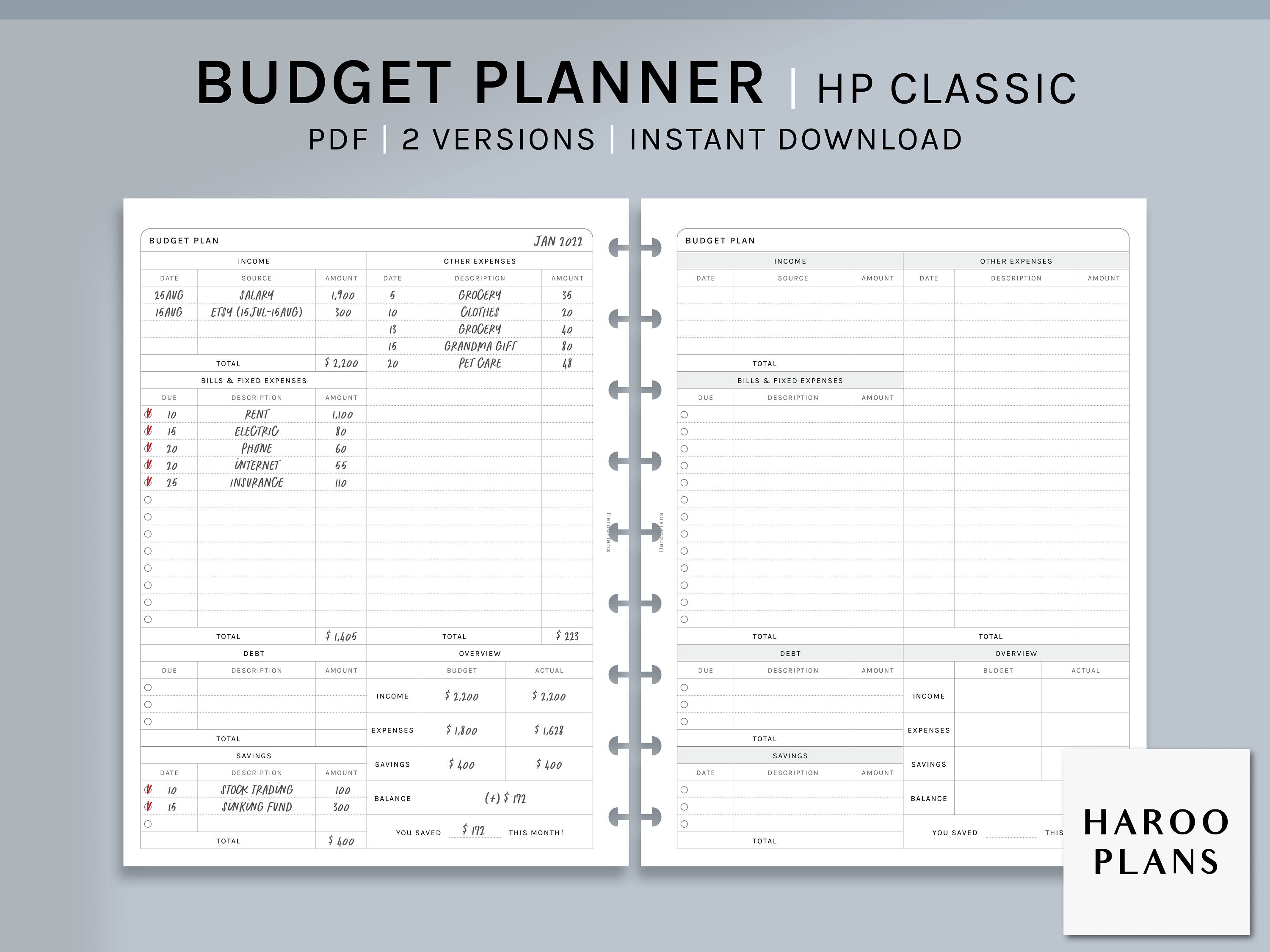 Budget Planner / Inserti stampabili HP Classic / Foglio modello finanziario  / Tracker entrate e uscite / Registro denaro PDF / Download digitale -   Italia