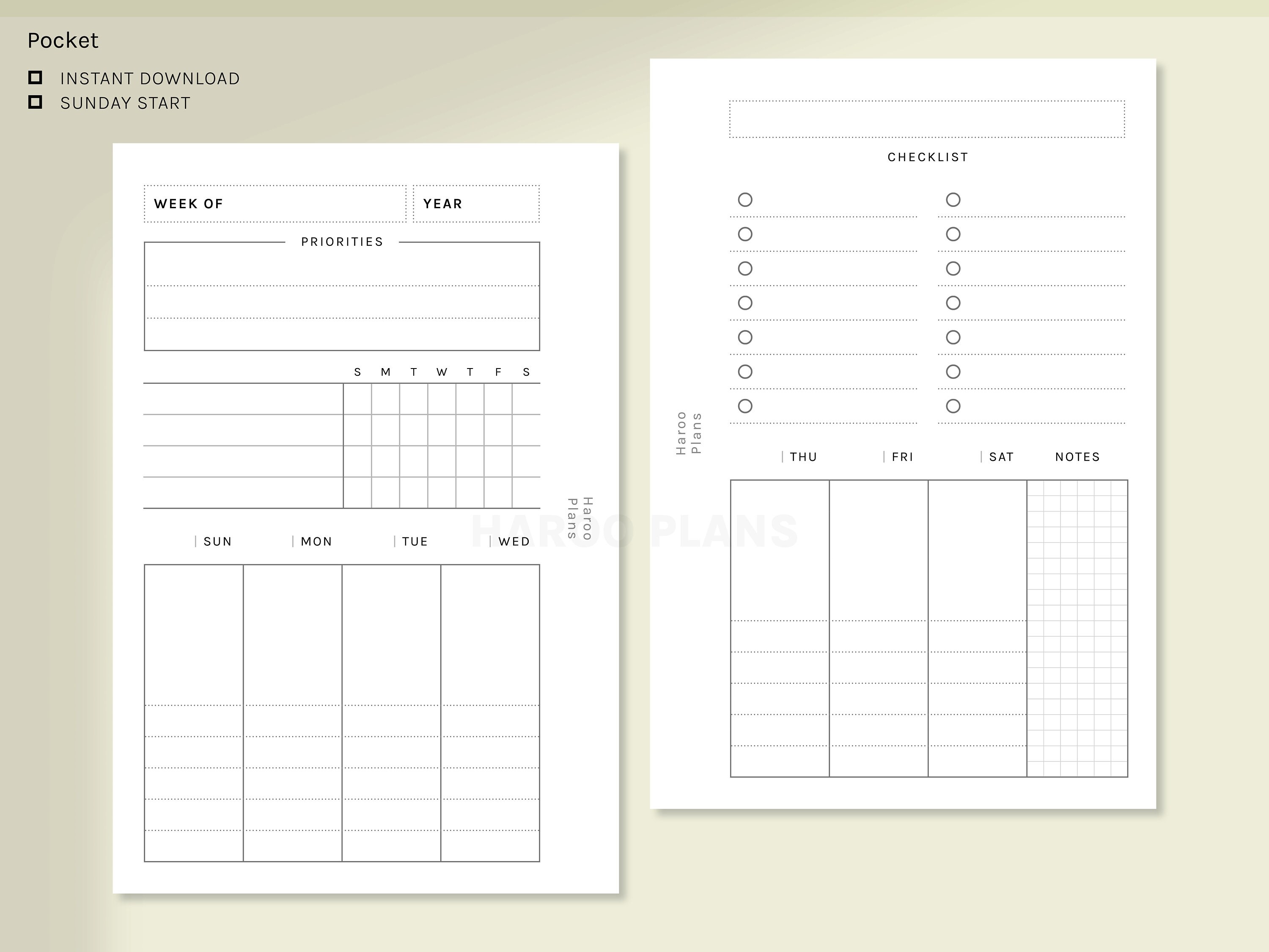 Week at a Glance | Pocket Ring Printable Inserts | Weekly Planner ...