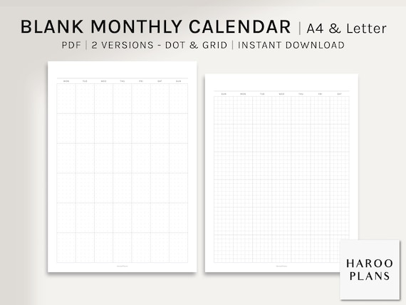 Undated Monthly Calendar | A4, US Letter Printable Planner Inserts | Dot Grid MO1P Template | Schedule Organizer PDF | Digital Download