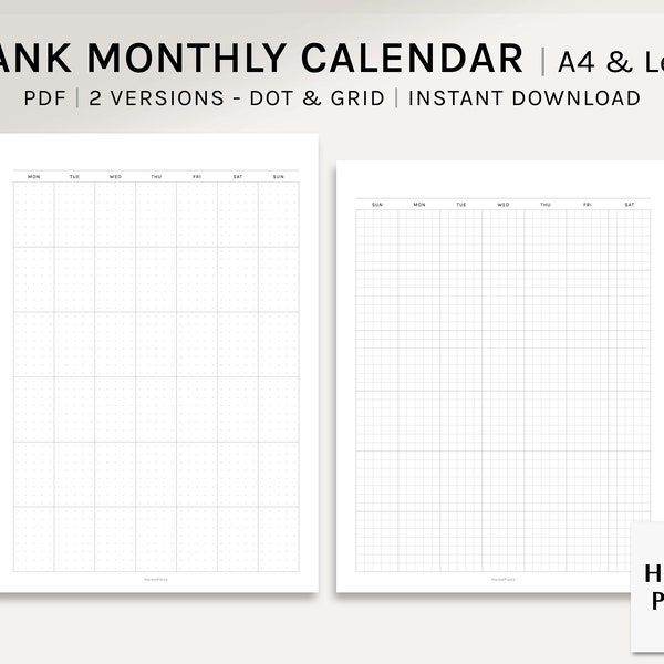 Undated Monthly Calendar | A4, US Letter Printable Planner Inserts | Dot Grid MO1P Template | Schedule Organizer PDF | Digital Download