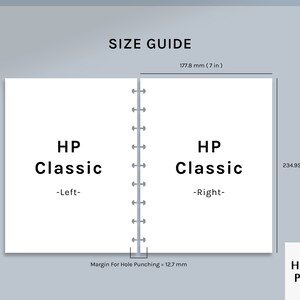 Puede incluir: Una gu&iacute;a de tallas para un cuaderno HP Classic. El cuaderno mide 177,8 mm de ancho y 234,95 mm de alto. La gu&iacute;a muestra el margen para el punzonado, que es de 12,7 mm.