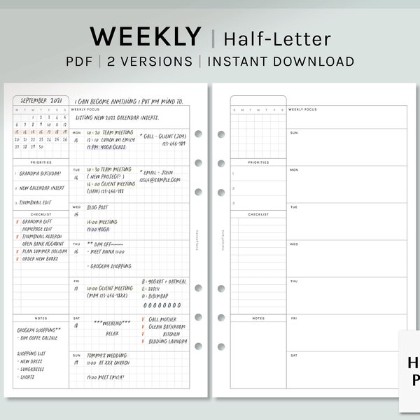 Planificateur hebdomadaire non daté | Inserts imprimables d’une demi-lettre | | de modèle de mise en page WO1P Feuille de calcul planifier | PDF avec | calendrier Téléchargement numérique