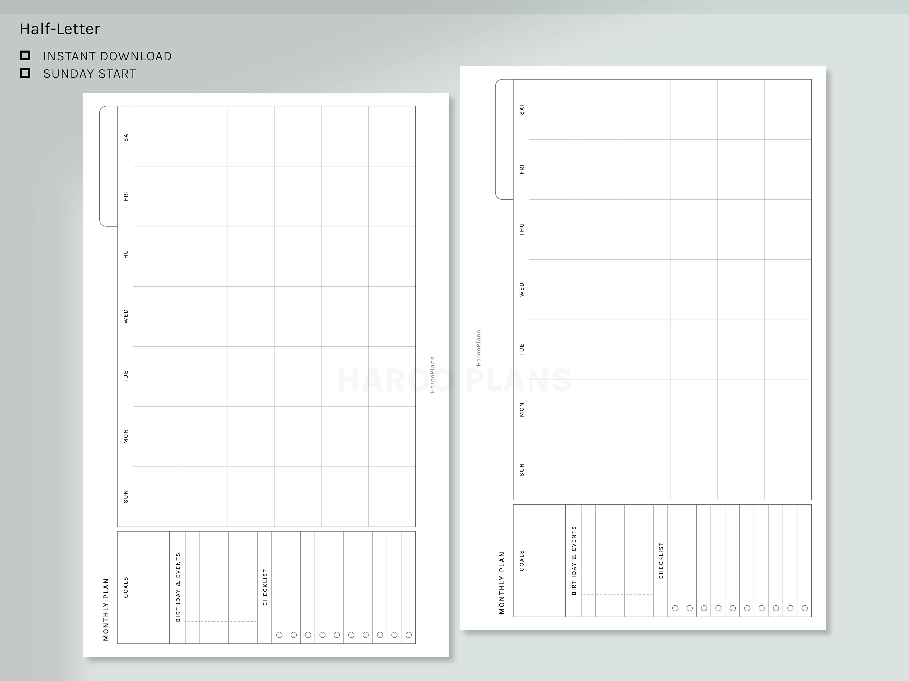 Monthly Planner Half-letter Size Printable Inserts MO1P - Etsy