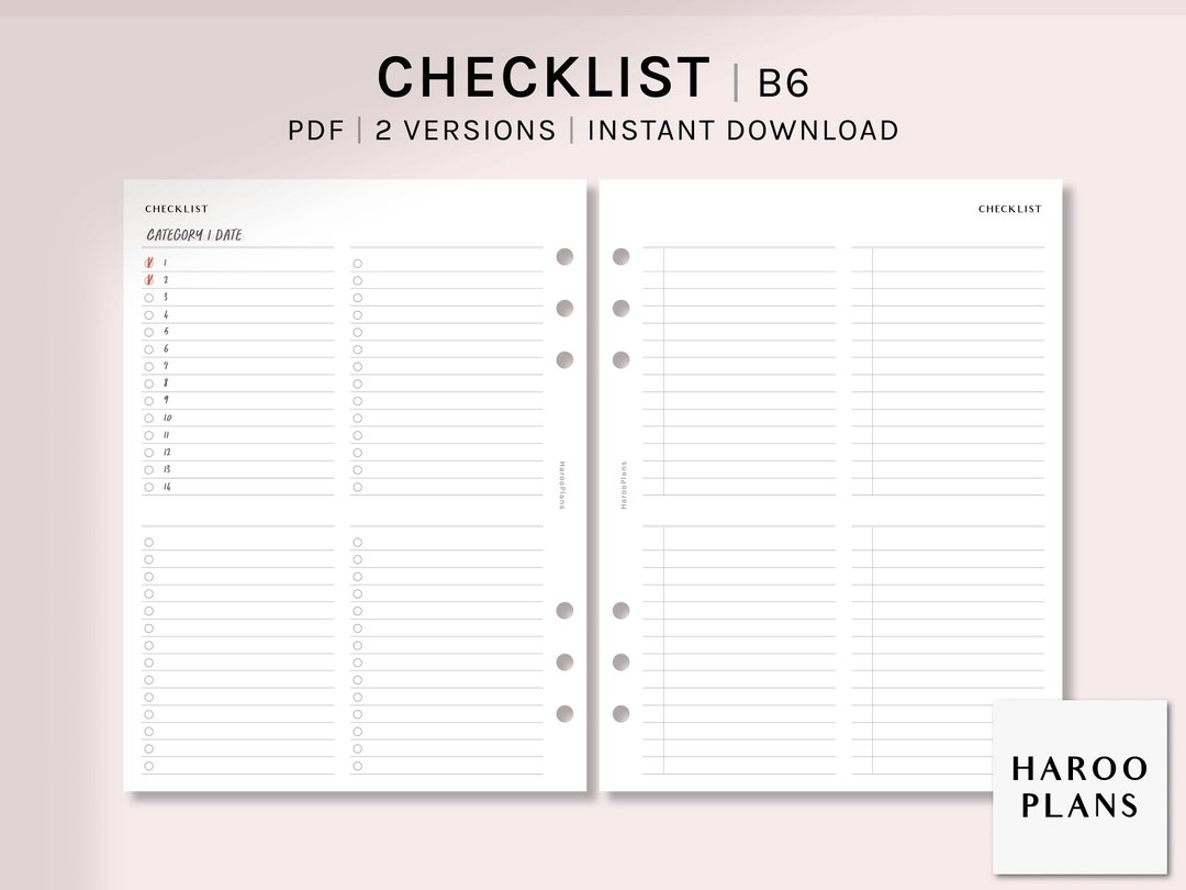 Checklist Sheet | B6 Ring Printable Planner Inserts | Work Task Get It ...