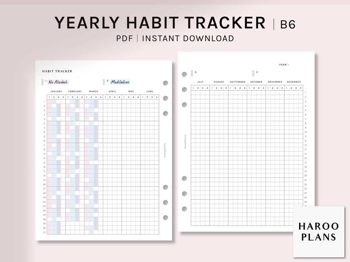 Yearly Habit Tracker | B6 Ring Printable Planner Inserts | Routine ...