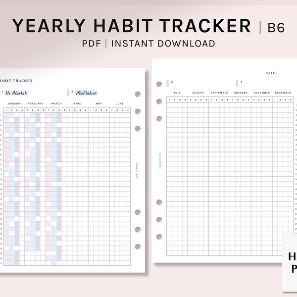 Yearly Habit Tracker | B6 Ring Printable Planner Inserts | Routine Tracker template | Tasks Chores Log Sheet | Digital Download