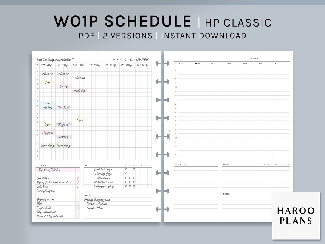 WO1P Schedule | HP Classic Printable Happy Planner Inserts | Weekly ...