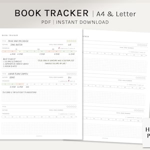 Op de afbeelding: Een afdrukbare boektracker-sjabloon in PDF-formaat voor A4- en Letterformaat papier. De sjabloon heeft een raster om de voortgang van het lezen bij te houden, met kolommen voor datums, paginanummers en een sectie voor notities. De sjabloon bevat de tekst "BOOK TRACKER" en "HAROO PLANS".