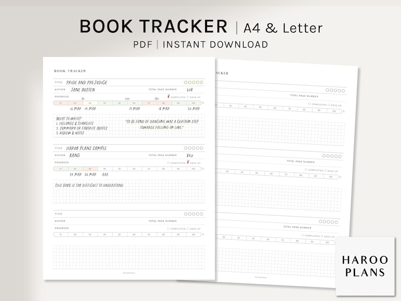 Może przedstawiać: Drukowany szablon śledzenia książek w formacie PDF dla papieru w rozmiarze A4 i Letter. Szablon zawiera siatkę do śledzenia postęp&oacute;w w czytaniu, z kolumnami dla dat, numer&oacute;w stron i sekcją na notatki. Szablon zawiera tekst "BOOK TRACKER" i "HAROO PLANS".