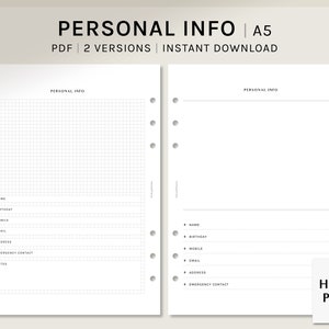 Personal Information Page | A5 | Personal Data Sheet Printable Planner Inserts | Contact Info Layout | Digital Download