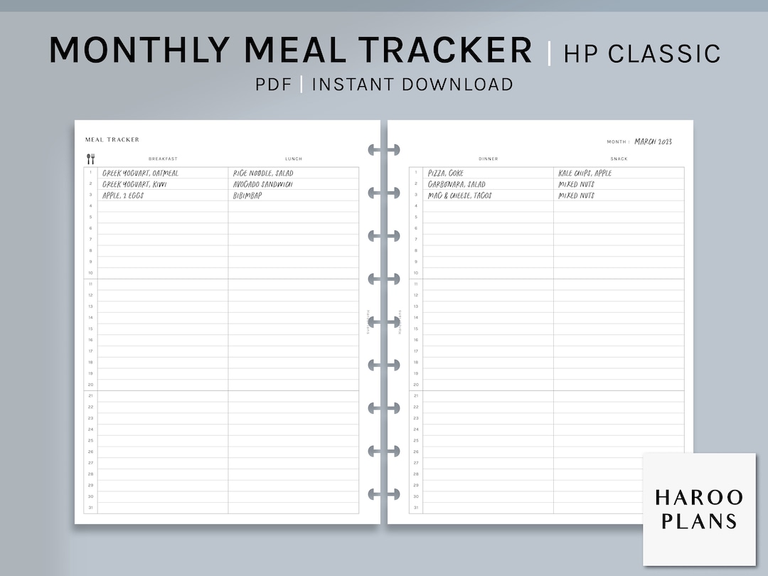 Monthly Meal Tracker | HP Classic Printable Happy Planner Inserts ...