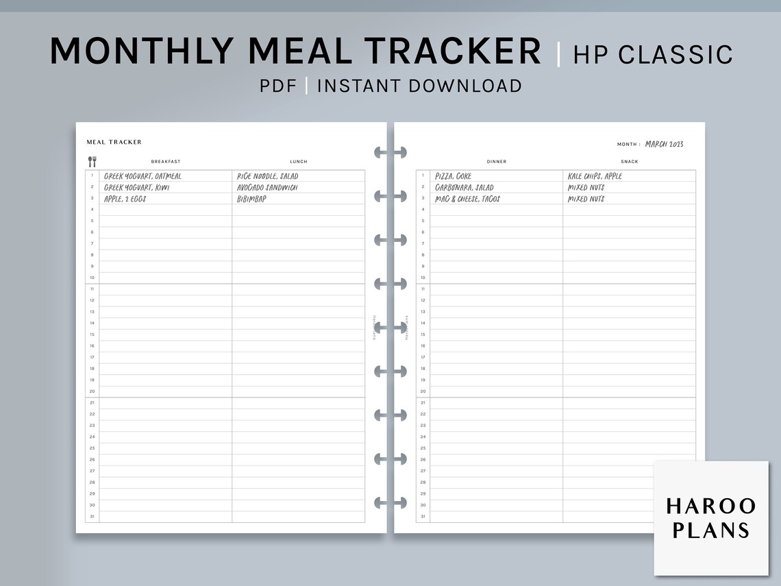 Monthly Meal Tracker | HP Classic Printable Happy Planner Inserts ...