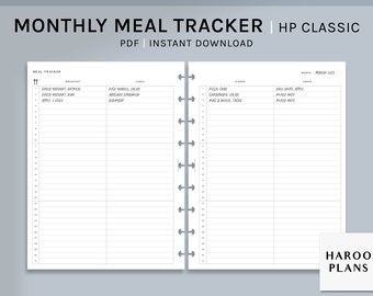 Può includere: Un pianificatore di tracciamento dei pasti mensile stampabile in bianco e nero con il titolo "MONTHLY MEAL TRACKER | HP CLASSIC" e "PDF | INSTANT DOWNLOAD". Il pianificatore è diviso in quattro colonne: Colazione, Pranzo, Cena e Spuntino. Il pianificatore è per il mese di marzo 2015.