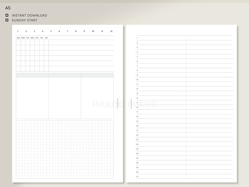 May include: A printable A5 planner with a weekly spread, a to-do list, and a gridded notes section. The planner is designed to start on Sunday.