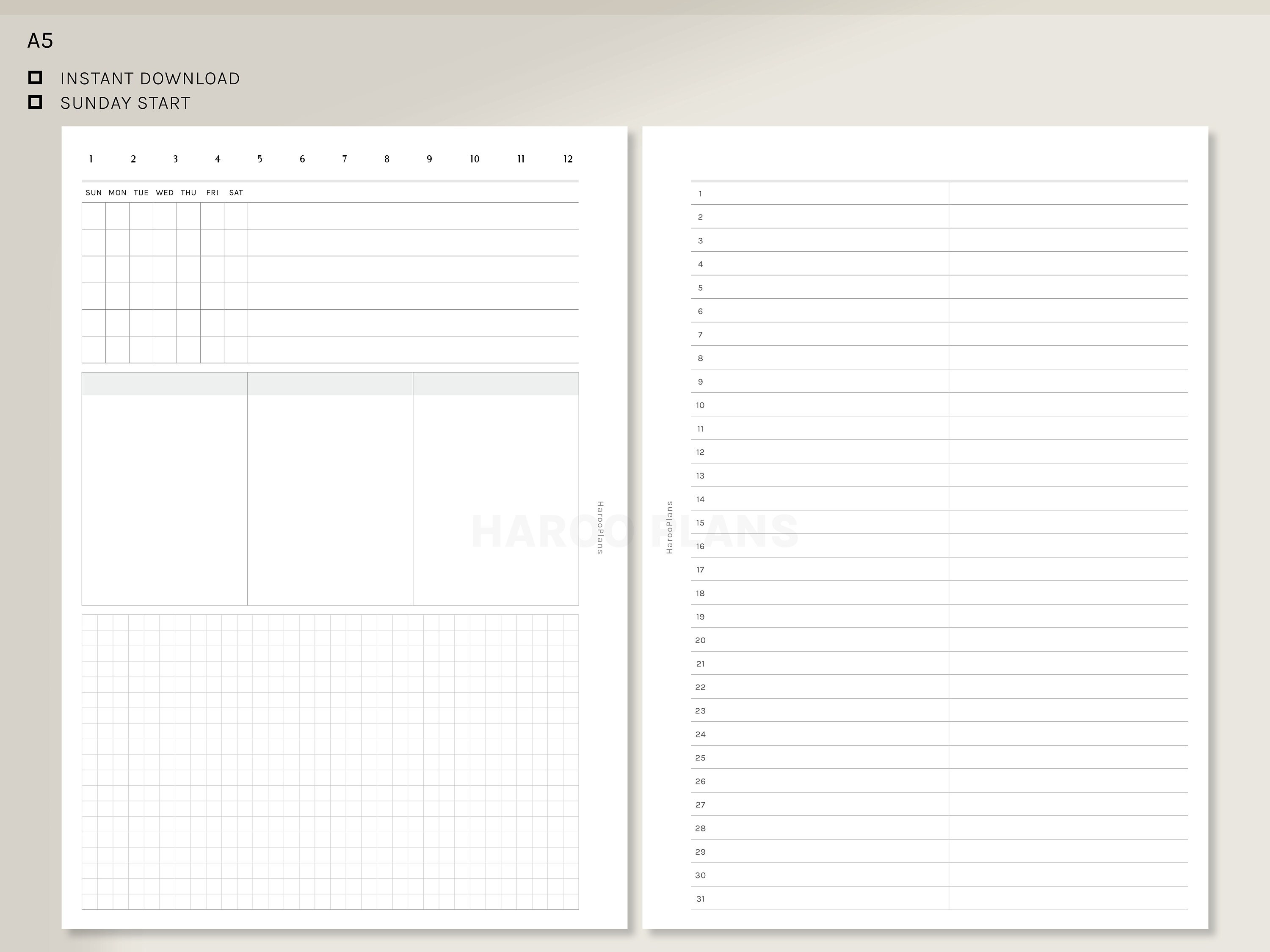 Month at a Glance | A5 Printable Planner Inserts | Undated MO2P ...