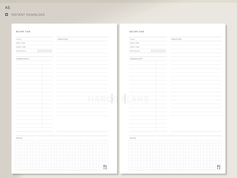 Recipe Sheet | A5 Printable Planner Inserts | Blank Cook book Template | Recipe Meal Menu Plan Notes | Food Idea PDF | Digital Download image 2